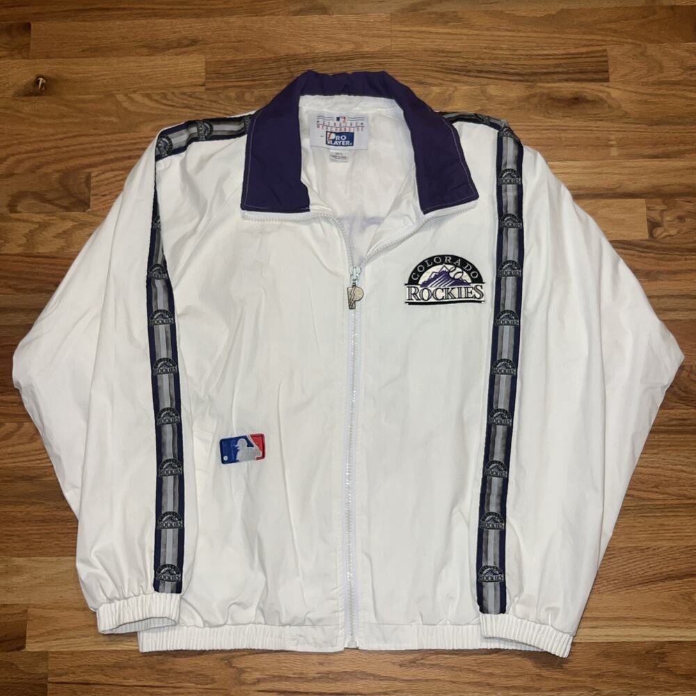 VINTAGE PRO PLAYER MLB COLORADO ROCKIES WHITE WINDBREAKER JACKET 1990s LARGE